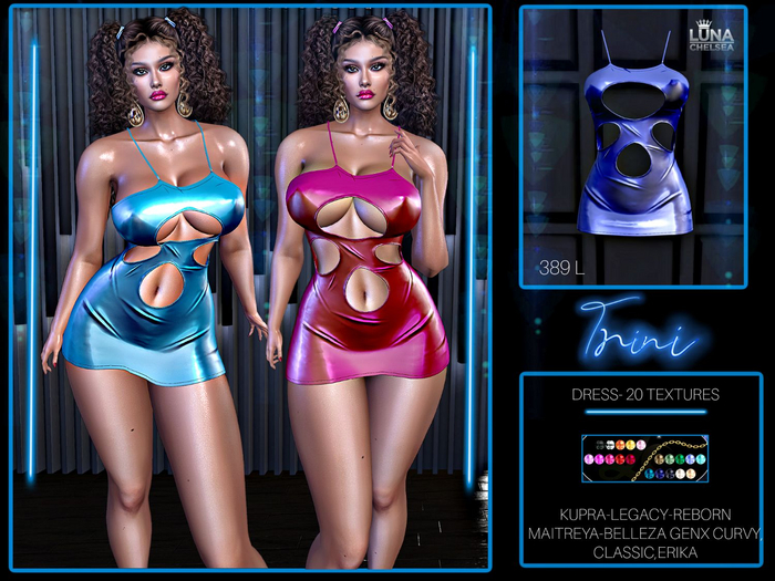 Trini, Shiny Satin Cut out dress, 20 Textures, . Luna Chelsea