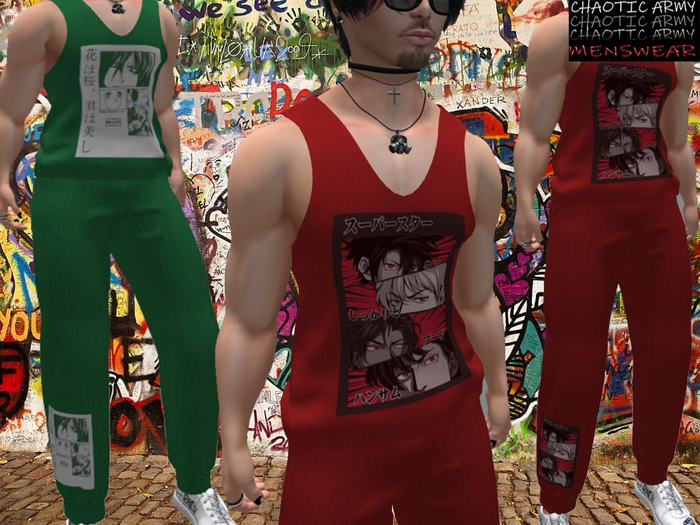 CHAOTIC ARMY - Manga Tank Top & Joggers Set in Red, Green - Belleza Jake