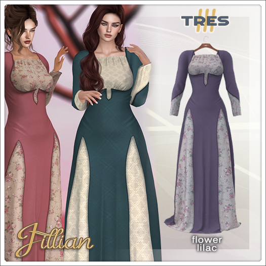 TRES - Jillian Flower Lilac - Medieval Fantasy Dress for Maitreya, Legacy, Kupra, Kups, Reborn, Prima - Mesh Dress