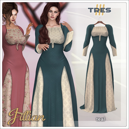 TRES - Jillian Teal - Medieval Fantasy Dress for Maitreya, Legacy, Kupra, Kups, Reborn, Prima - Mesh Dress
