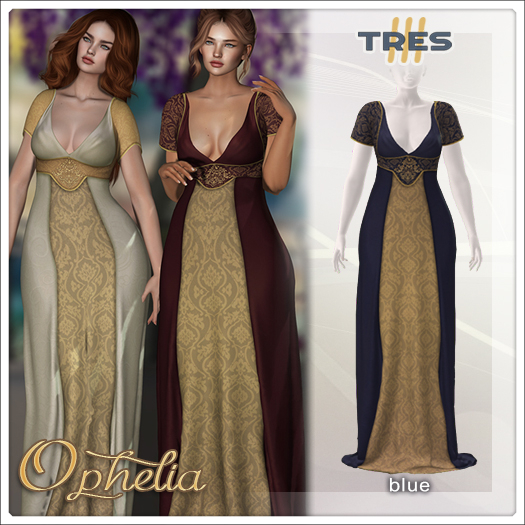 TRES - Ophelia Blue - Empire Style Fantasy Gown for Maitreya, Legacy, Kupra, Kups - Mesh Dress