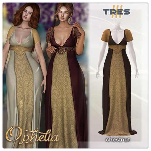 TRES - Ophelia Chestnut - Empire Style Fantasy Gown for Maitreya, Legacy, Kupra, Kups - Mesh Dress