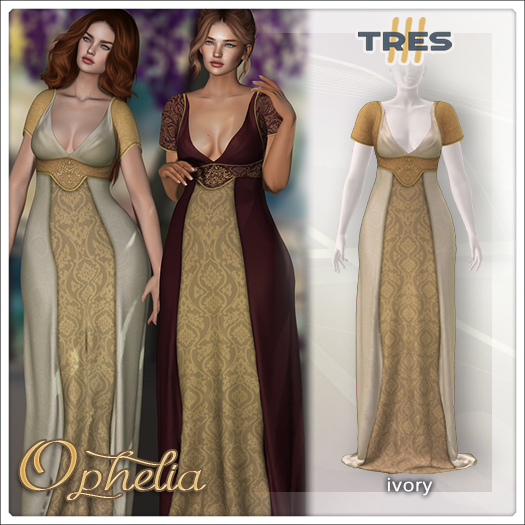 TRES - Ophelia Ivory - Empire Style Fantasy Gown for Maitreya, Legacy, Kupra, Kups - Mesh Dress