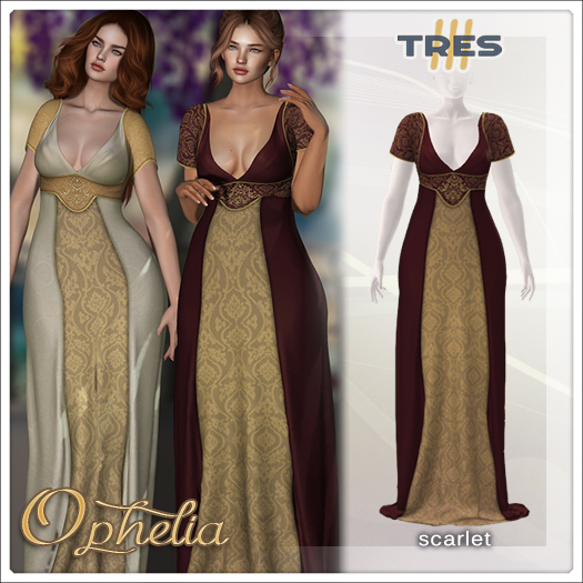 TRES - Ophelia Scarlet - Empire Style Fantasy Gown for Maitreya, Legacy, Kupra, Kups - Mesh Dress