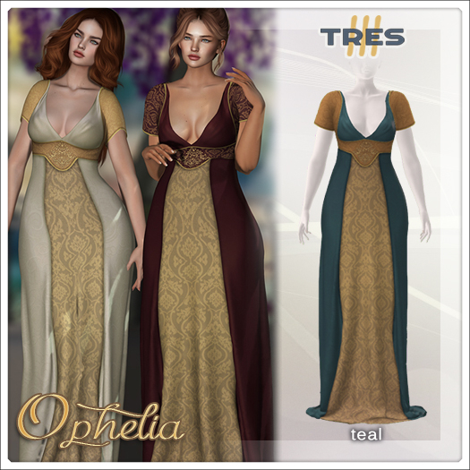 TRES - Ophelia Teal - Empire Style Fantasy Gown for Maitreya, Legacy, Kupra, Kups - Mesh Dress