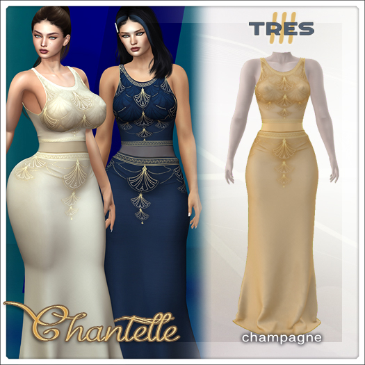 TRES - Chantelle Champagne - Exclusive Fantasy Dress for Legacy, Maitreya, Reborn, Belleza, Kupra, Kups - Mesh Gown