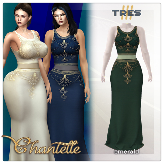 TRES - Chantelle Emerald - Exclusive Fantasy Dress for Legacy, Maitreya, Reborn, Belleza, Kupra, Kups - Mesh Gown