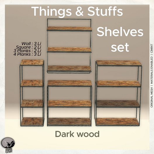 Second Life Marketplace *PC* Things & Stuffs Shelves Set Dark Wood