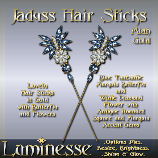 JADYSS Miah Hair Sticks OP - Blue Tanzanite White Diamond Gold