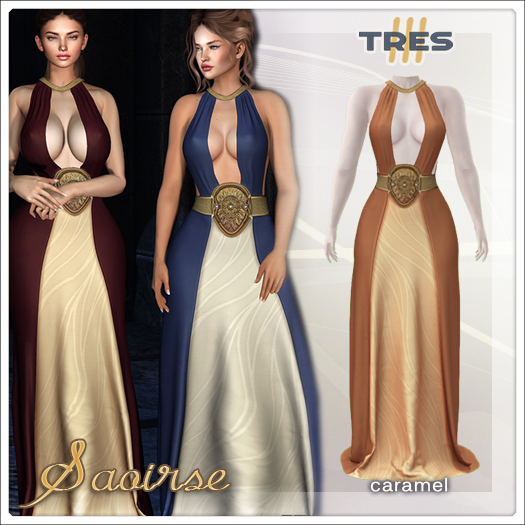 TRES - Saoirse Caramel - Exclusive Medieval Fantasy Halter Gown for Maitreya, Reborn, Legacy, Prima, Belleza, Kupra