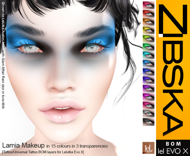 Zibska Evo X ~ Lamia Makeup in 15 colors in 3 transparencies with tattoo and universal tattoo BOM layers