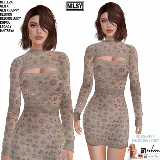 FLOWER BEADED CHIFFON DRESS,MESH BODY