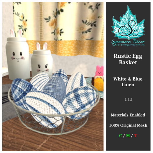 {SD} Rustic Egg Basket - White & Blue Linen
