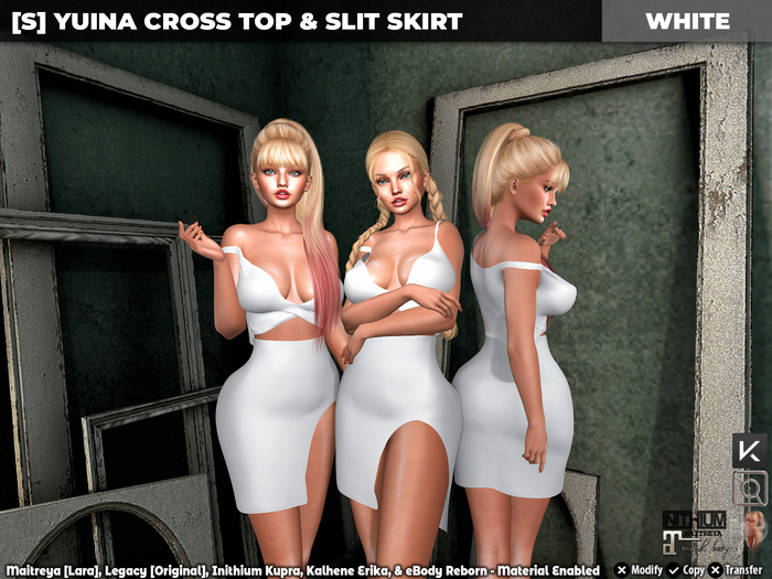 [S] Yuina Cross Top & Slit Skirt White