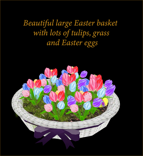 Easter basket with many tulips Easter eggs. Gives eggs and tuli
