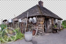 871 - Facade - Frontage - Old Vintage Brick Cottage - Hut - Rural - Barrels - Buckets - Home - Garden - Land Decoration