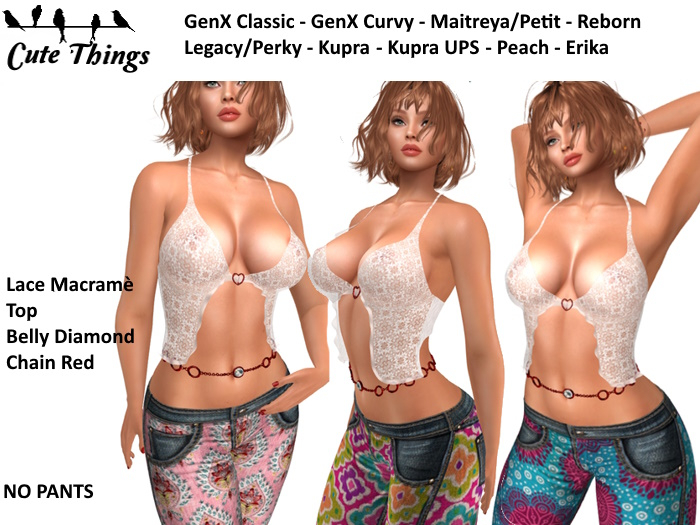 [CT] Lace Macramè Top + Belly Chain - Genx - Legacy - Maitreya - Reborn - Kupra -  Peach- Erika DEMO