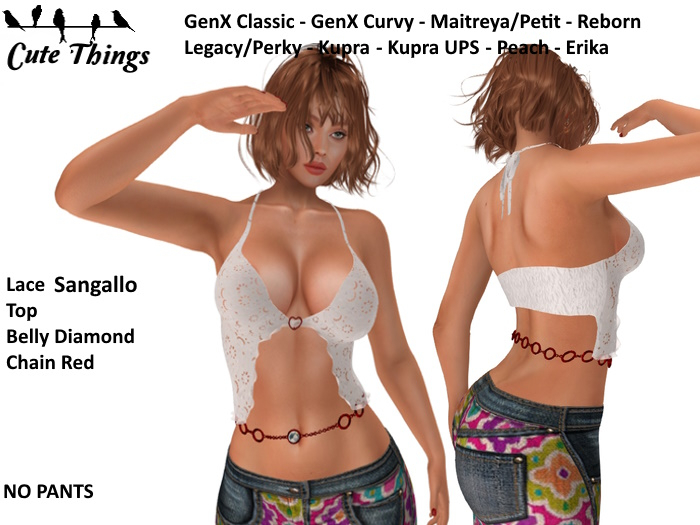 [CT] Lace Sangallo Top + Belly Chain - Genx - Legacy -  Maitreya - Reborn - Kupra - Peach- Erika