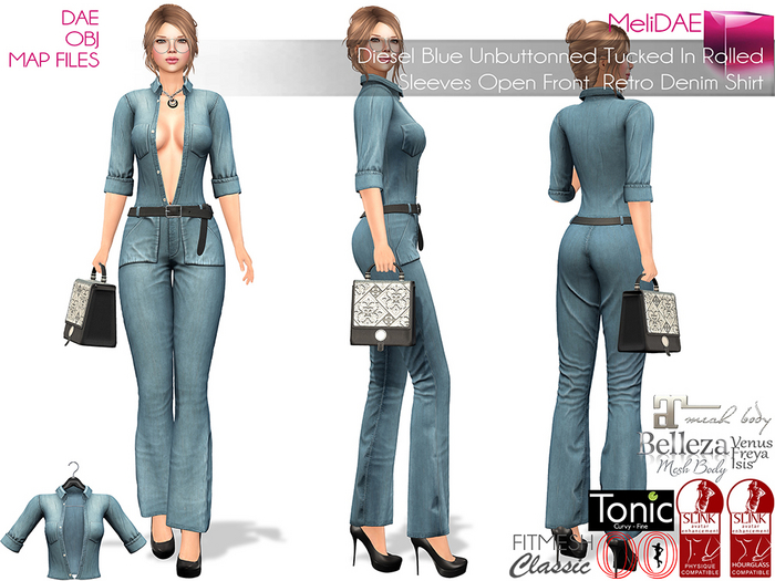 Dae, Obj, FBX, And Texture Files Diesel Blue Unbuttoned Tucked In Rolled Sleeves Open Front Retro Denim Shirt