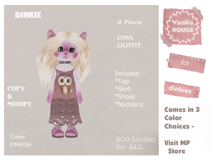 Dinkie 4-Piece Owl Outfit PINKISH copy/mod