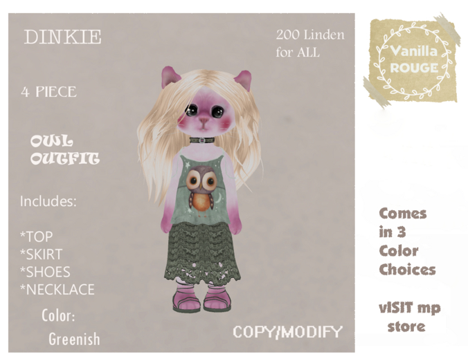 Dinkie 4-Piece Owl Outfit GREENISH copy/mod