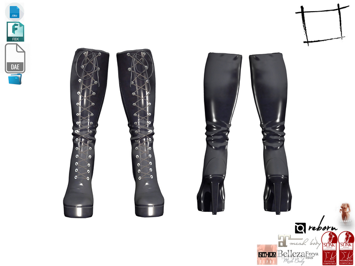 Dae Obj FBX For Black Leather Lace Up High Heel Calf Boots Maitreya Slink Belleza Isis Freya Legacy Ebody Reborn
