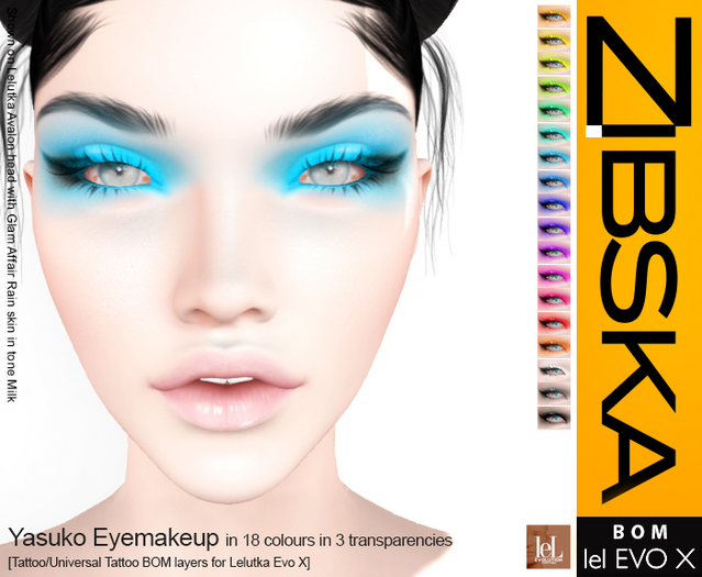 Zibska Evo X ~ Yasuko Eyemakeup in 18 colors in 3 transparencies with tattoo and universal tattoo BOM layers