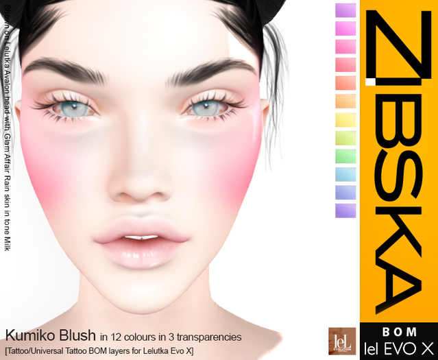 Zibska Evo X ~ Kumiko Blush in 12 colors in 3 transparencies with tattoo and universal tattoo BOM layers