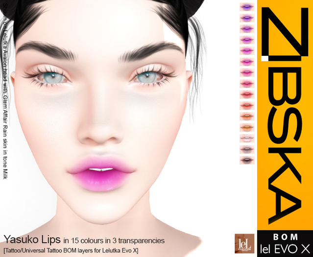Zibska Evo X ~ Yasuko Lips in 15 colours in 3 transparencies with tattoo and universal tattoo BOM layers