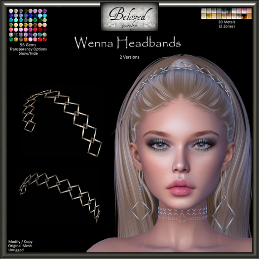 Beloved Jewelry : Wenna Headband Tiara (Texture Change) Square Hair Accessory Bling Gold Silver Diamond