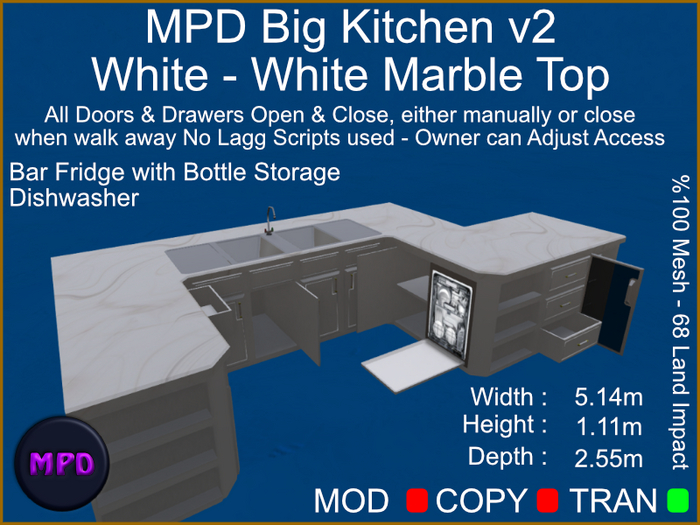 MPD Big Kitchen Standalone - White - White Marble Top