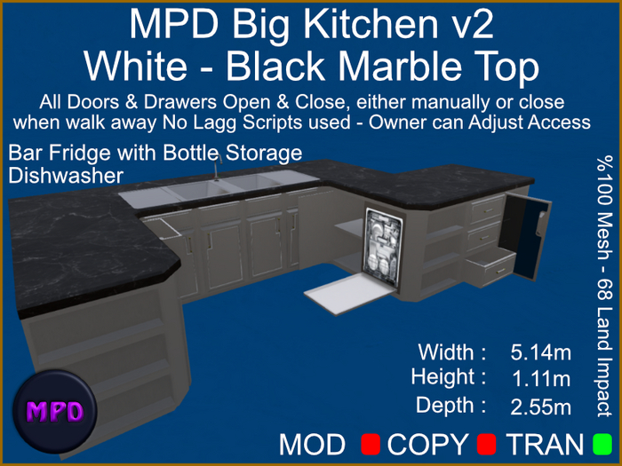 AMPD Big Kitchen Standalone - White - Black Marble Top