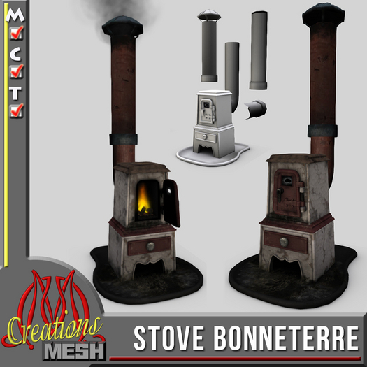 Stove Bonneterre, wood stove with fire and smoke