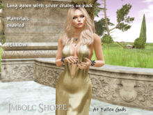 Long yellow gown, open back with chain, deep cleavage, soft glitter fabric, for meshbodys, classic body, Imbolc, Grace