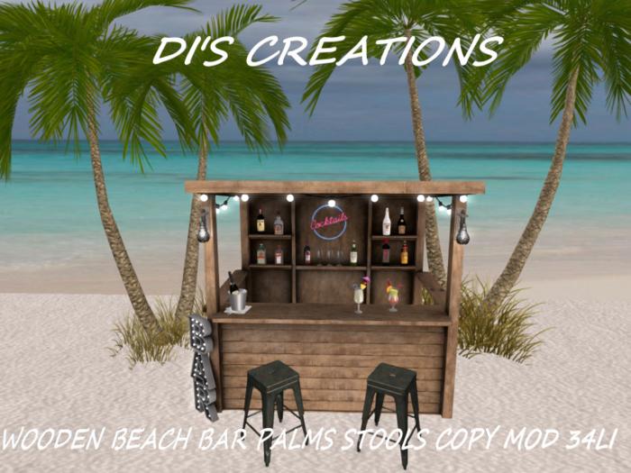 WOODEN BEACH BAR PALMS STOOLS