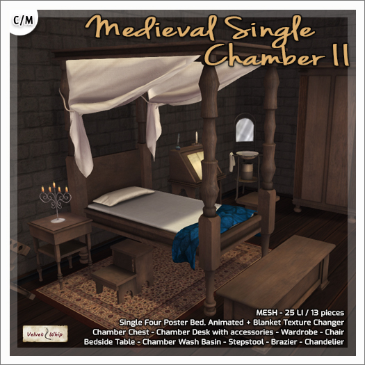 [V/W] Medieval Single Chamber II - Complete Bedroom Set - Four poster bed, wardrobe, desk, accessories - Mesh Furniture