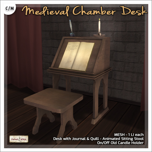 [V/W] Medieval Chamber Desk -  Includes accessories: ink bottle with quill, journal, old candle holder with on/off flame