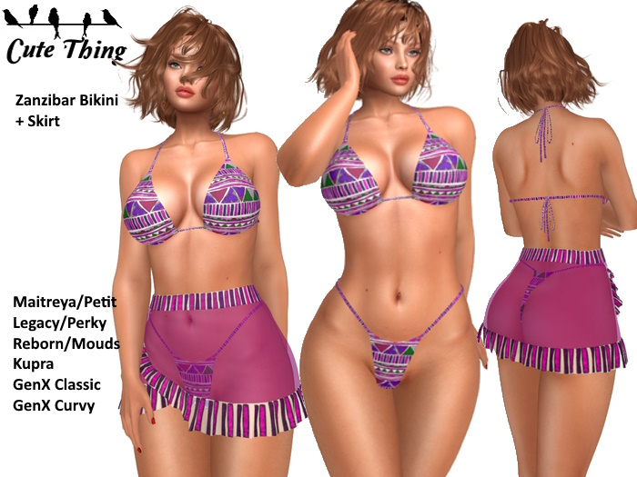 [CT] Zanzibar Bikini + Skirt - Pink - Maitreya - Petit - Legacy - Perky - Reborn - Mounds - Kupra - GenX -  DEMO