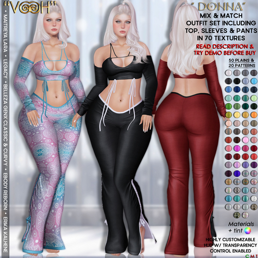 " VOOH " DONNA OUTFIT SET MIX & MATCH 70 TEXTURES – 50 PLAINS & 20 PATTERNS {TOP – PANTS – SLEEVES}