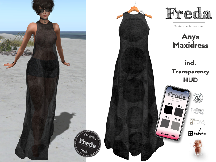 Second Life Marketplace - "Freda" Anya Maxidress Big Print Dots Black High Cut Long, Sheer Chiffon Summer Dress, Back Slit, incl. Transparency HUD Second Life Marketplace - "Freda" Anya Maxidress Big Print Dots Black High Cut Long, Sheer Chiffon Summer Dress, Back Slit, incl. Transparency HUD