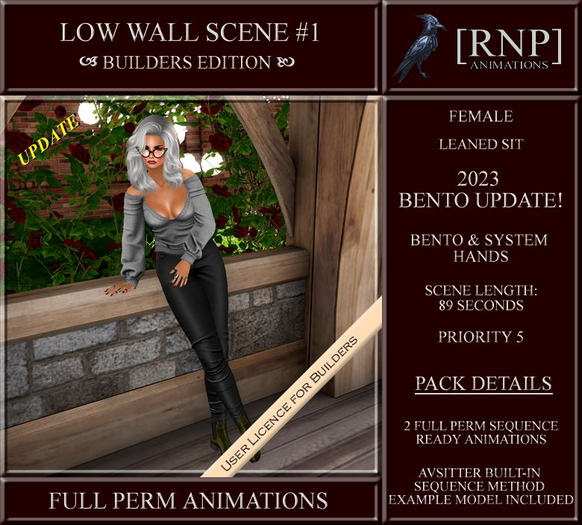 [RNP] Low Wall Scene #1 Full Perm Bento Animation 2 parts Lean Sitting Sequence for Female avatar