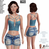 RIPPED JEAN SKIRT AND STRAPPED TOP,MESH BODY