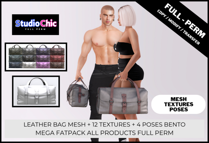 LEATHER BAG MEGA FATPACK FULL PERM -  HIGH QUALITY BAG + 4 BENTO POSES + 12 LEATHER TEXTURES
