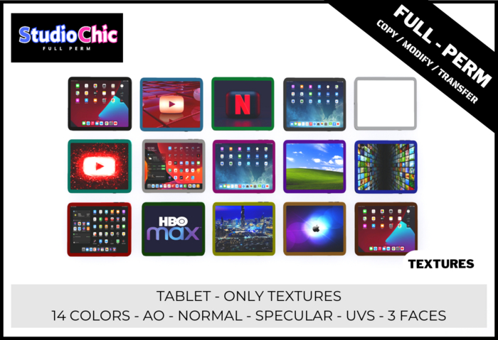 TABLET TEXTURES  FULL PERM - 14 COLORS - CHECK DESCRIPTIONS TO FIND THE MESH