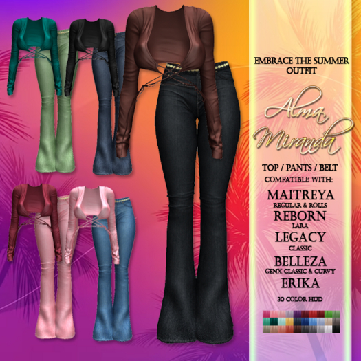 .: AlmaMiranda :- Embrace Summer Outfit Bohemian Bell Bottom Jeans Denim Belt Top Lara Legacy Reborn Juicy Erika GenX
