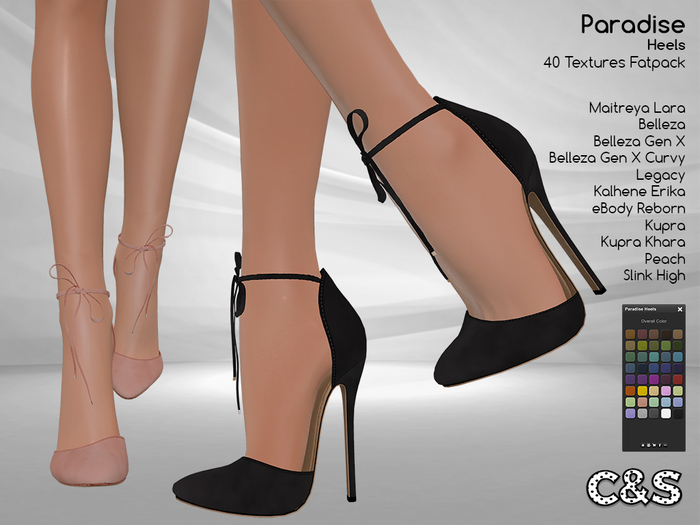 C&S Paradise Heels for Maitreya, Belleza, Legacy, Kalhene, eBody, Peach, Slink and Kupra. 40 Text
