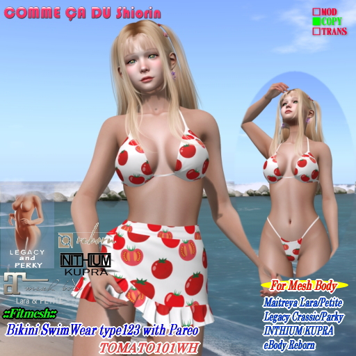 =CS= ビキニ水着 モデル123(パレオ付)トマト柄ホワイト