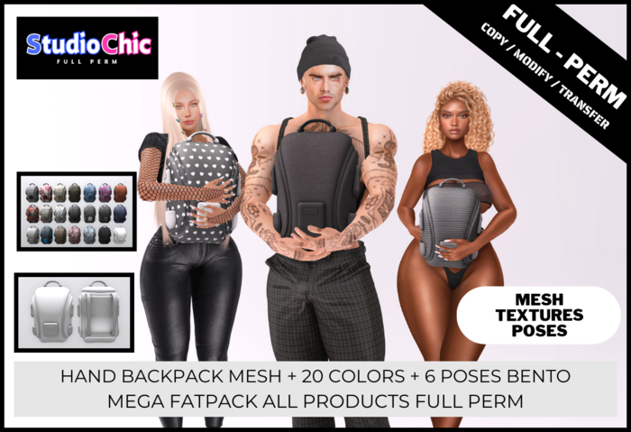 HAND BACKPACK MEGA FATPACK -  FULL PERM - MESH + 6 BENTO POSES + 20 TEXTURES