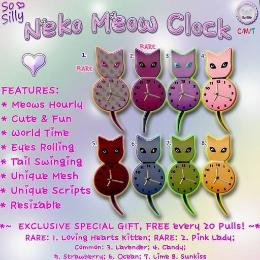 So Silly Naughty Neko Meow Kitty Clock - Pink Lady RARE