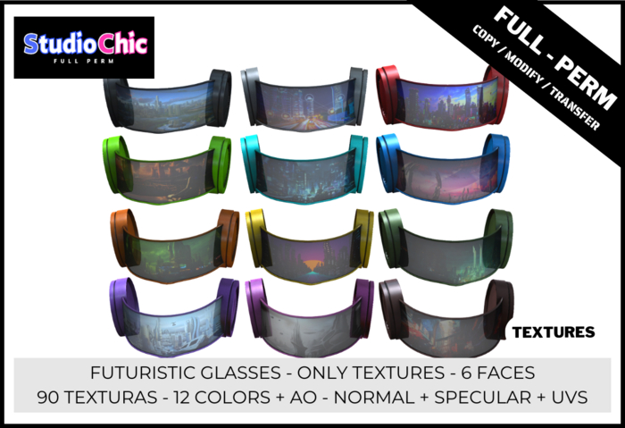 Futuristic Glasses Unisex ONLY Textures -  FULL PERM - 90 TEXTURES FOR 12 COLORS , CHECK DESCRIPTION TO FIND THE MESH